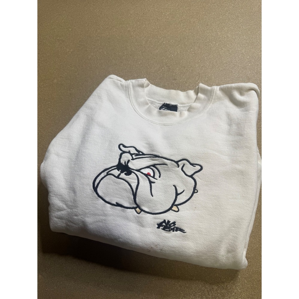 Vintage No Fear Bulldog Sweatshirt White‎ Embroidered Made in USA 90s Distressed